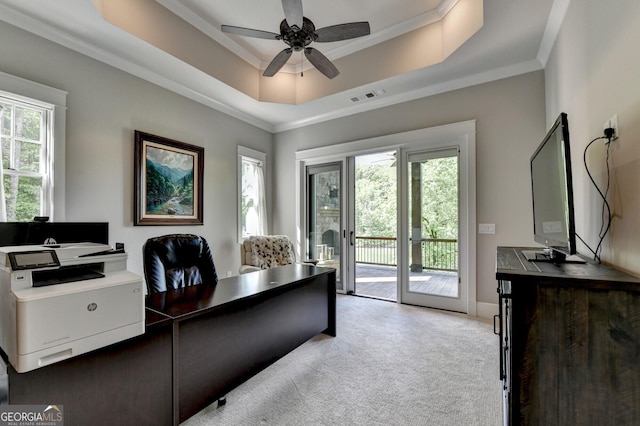 676 N Shore Dr, Cleveland, GA 30528 - office featuring plenty of natural light, light carpet, ceiling fan, crown molding, and a tray ceiling