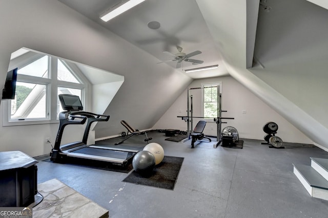 676 N Shore Dr, Cleveland, GA 30528 - workout area featuring a ceiling fan and lofted ceiling