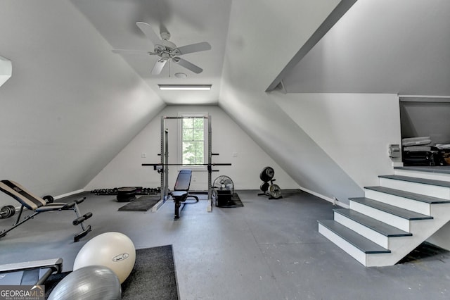 676 N Shore Dr, Cleveland, GA 30528 - workout room featuring ceiling fan and vaulted ceiling