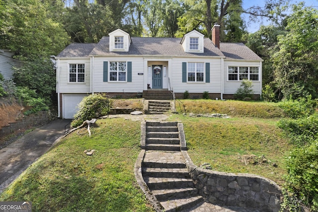 404 E 11th St SE, Rome, GA 30161 - new england style home featuring driveway, a chimney, a front yard, an attached garage, and a shingled roof