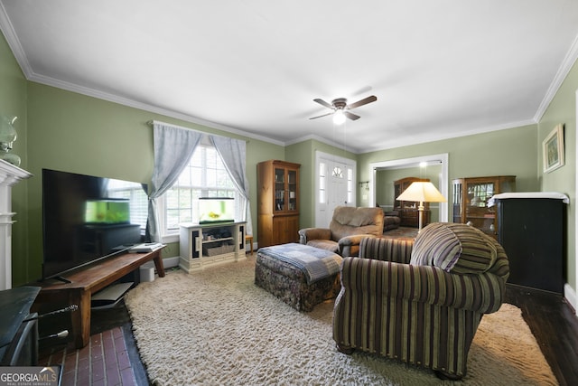404 E 11th St SE, Rome, GA 30161 - living room with crown molding, a ceiling fan, baseboards, and a fireplace