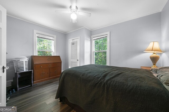 404 E 11th St SE, Rome, GA 30161 - bedroom with crown molding, dark wood-type flooring, a closet, and multiple windows