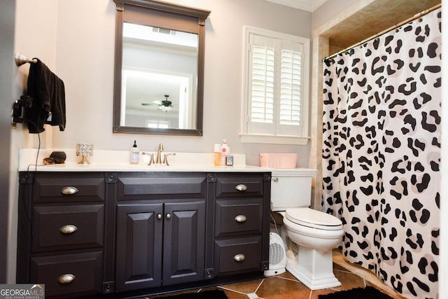 1737 Green Acres Dr, Vidalia, GA 30474 - bathroom featuring tile patterned flooring, curtained shower, vanity, toilet, and ornamental molding