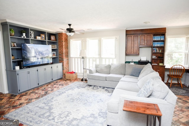 1737 Green Acres Dr, Vidalia, GA 30474 - living area with a ceiling fan, ornamental molding, and brick floor