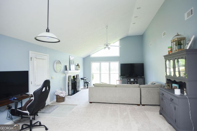 1737 Green Acres Dr, Vidalia, GA 30474 - living room featuring high vaulted ceiling, ceiling fan, light carpet, and visible vents