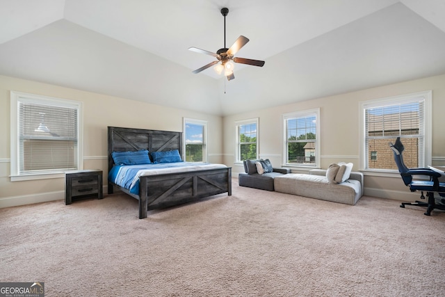 1314 Bentley Estates Dr, Dacula, GA 30019 - carpeted bedroom featuring lofted ceiling, baseboards, and a ceiling fan