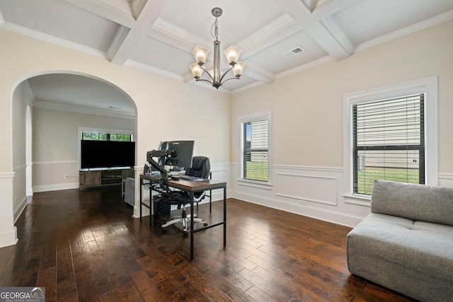 1314 Bentley Estates Dr, Dacula, GA 30019 - office with coffered ceiling, arched walkways, a chandelier, hardwood / wood-style flooring, and beam ceiling
