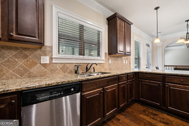 1314 Bentley Estates Dr, Dacula, GA 30019 - kitchen with stainless steel dishwasher, a sink, ornamental molding, light stone counters, and dark brown cabinets