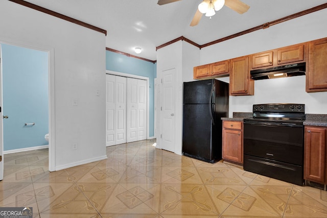 7293 Bridlewood Ct, Jonesboro, GA 30236 - kitchen featuring crown molding, dark countertops, a ceiling fan, under cabinet range hood, and black appliances