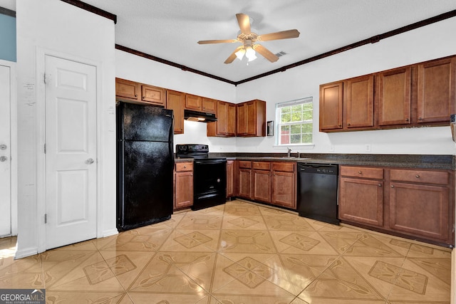 7293 Bridlewood Ct, Jonesboro, GA 30236 - kitchen with ceiling fan, dark countertops, light tile patterned floors, black appliances, and under cabinet range hood
