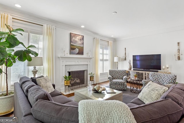 611 Timm Valley Rd NE Unit 2, Atlanta, GA 30305 - living room featuring recessed lighting, ornamental molding, and a premium fireplace