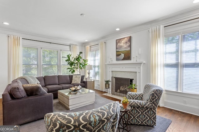 611 Timm Valley Rd NE Unit 2, Atlanta, GA 30305 - living room featuring visible vents, ornamental molding, wood finished floors, and a wealth of natural light