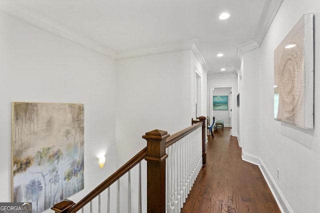 611 Timm Valley Rd NE Unit 2, Atlanta, GA 30305 - hallway featuring ornamental molding, dark wood-style flooring, baseboards, recessed lighting, and an upstairs landing