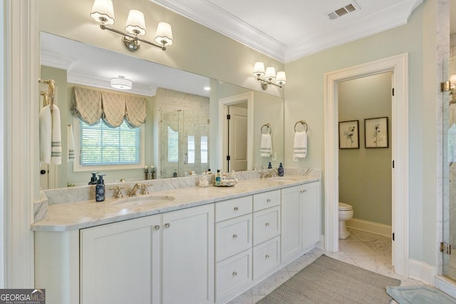 611 Timm Valley Rd NE Unit 2, Atlanta, GA 30305 - full bathroom featuring a sink, ornamental molding, a shower stall, and visible vents