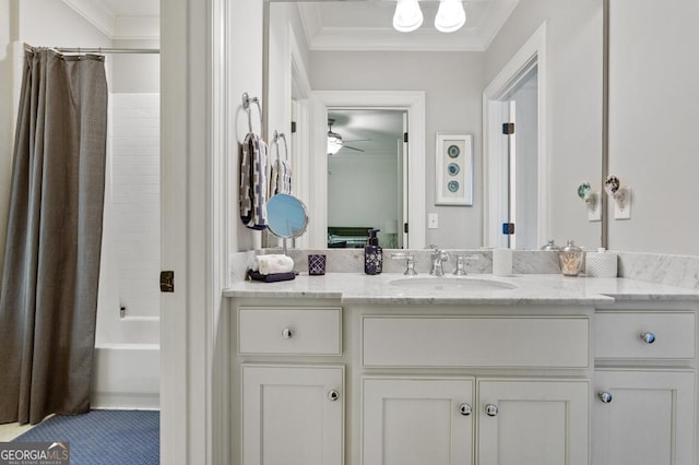 611 Timm Valley Rd NE Unit 2, Atlanta, GA 30305 - bathroom featuring vanity, ornamental molding, a ceiling fan, and shower / bath combo with shower curtain