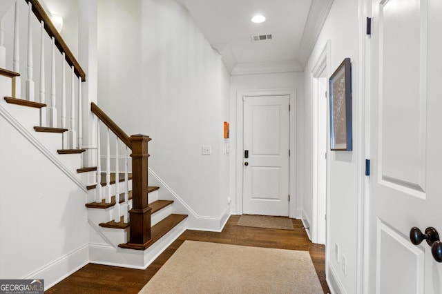 611 Timm Valley Rd NE Unit 2, Atlanta, GA 30305 - foyer entrance featuring recessed lighting, baseboards, dark wood-type flooring, visible vents, and ornamental molding