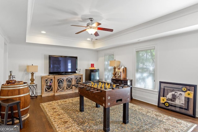 611 Timm Valley Rd NE Unit 2, Atlanta, GA 30305 - recreation room with ceiling fan, a raised ceiling, recessed lighting, wood finished floors, and ornamental molding