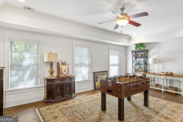 611 Timm Valley Rd NE Unit 2, Atlanta, GA 30305 - rec room with visible vents, ornamental molding, ceiling fan, and wood finished floors