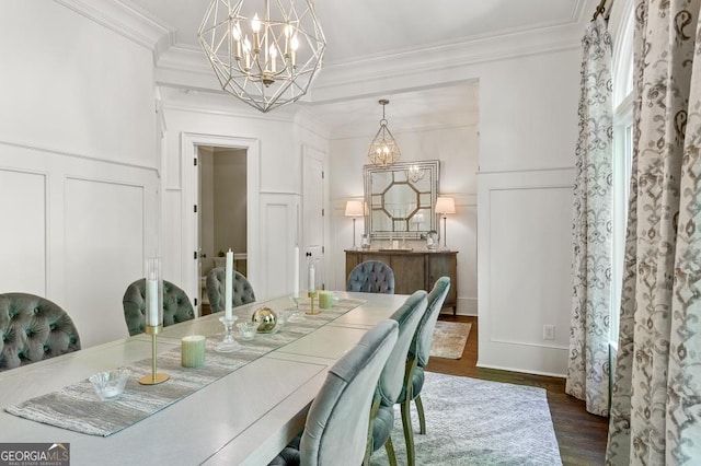 611 Timm Valley Rd NE Unit 2, Atlanta, GA 30305 - dining area featuring ornamental molding, a decorative wall, dark wood-style flooring, and a notable chandelier