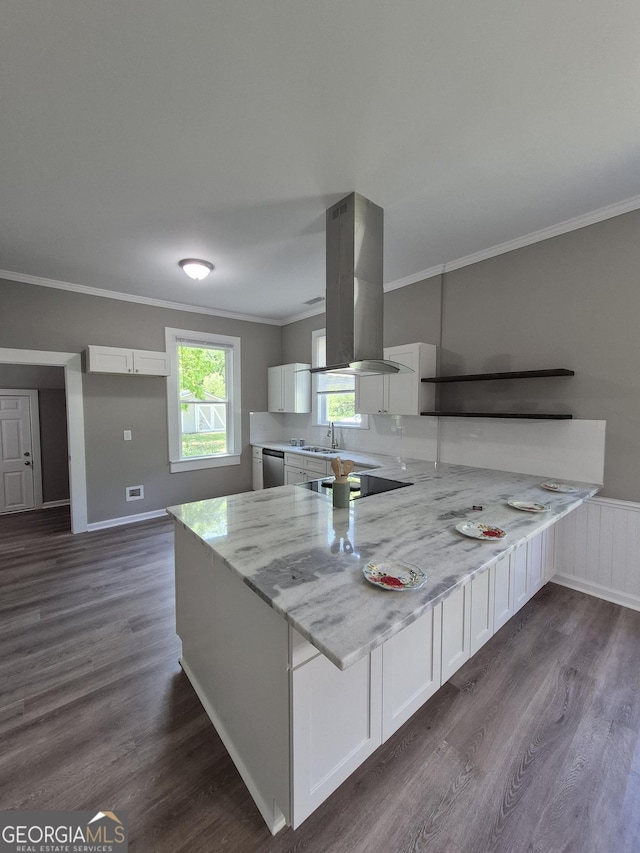127 S Church St, Bogart, GA 30622 - kitchen featuring a peninsula, island exhaust hood, white cabinets, black electric cooktop, and dishwasher