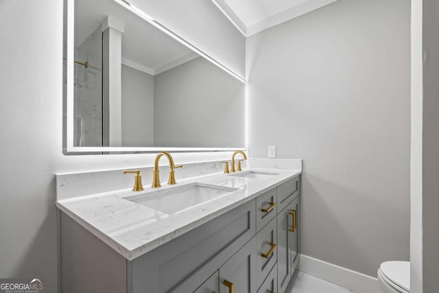 full bathroom with toilet, double vanity, baseboards, and a sink