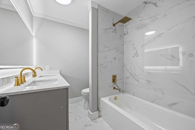 bathroom featuring washtub / shower combination, a sink, double vanity, toilet, and marble finish floor