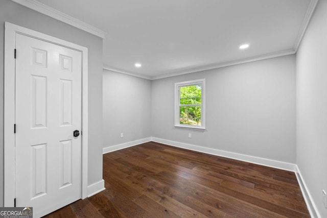 unfurnished room featuring crown molding, recessed lighting, baseboards, and dark wood finished floors