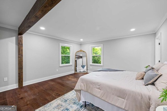 bedroom with baseboards, ornamental molding, recessed lighting, and wood finished floors