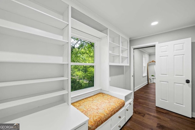 mudroom with dark wood-type flooring, recessed lighting, and crown molding