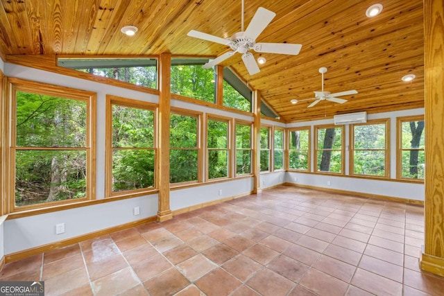 unfurnished sunroom featuring vaulted ceiling, wooden ceiling, and a healthy amount of sunlight