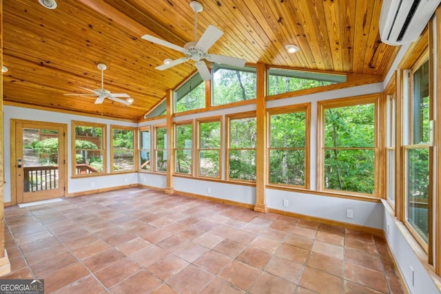 unfurnished sunroom with an AC wall unit, baseboards, wooden ceiling, a wealth of natural light, and lofted ceiling