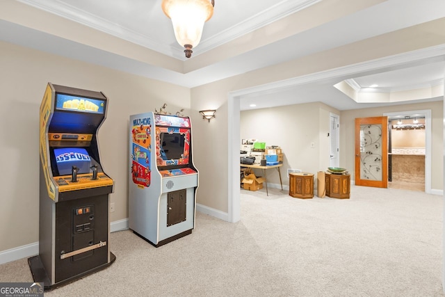 rec room featuring crown molding, a raised ceiling, and carpet