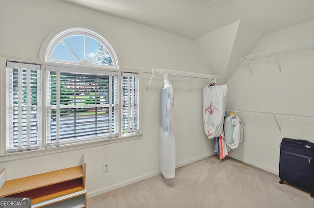 spacious closet with vaulted ceiling and carpet flooring