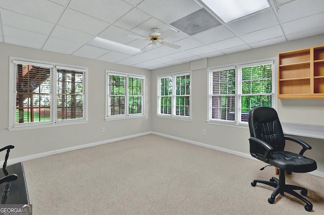 unfurnished office featuring carpet floors, a ceiling fan, baseboards, and a paneled ceiling