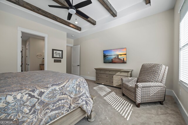 bedroom with carpet flooring, recessed lighting, beamed ceiling, and baseboards