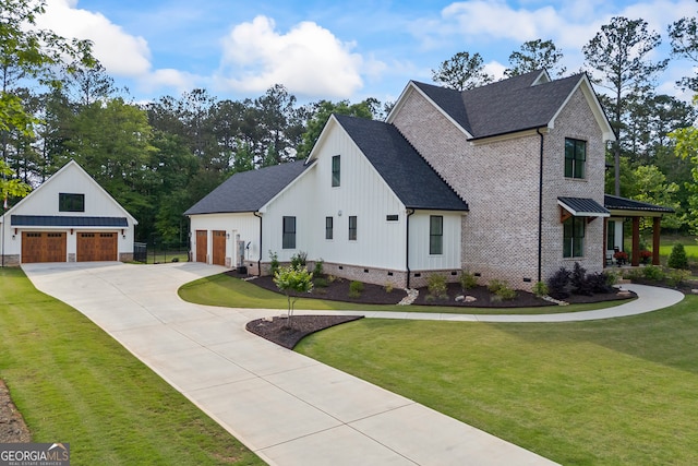 view of side of property with a shingled roof, board and batten siding, and crawl space