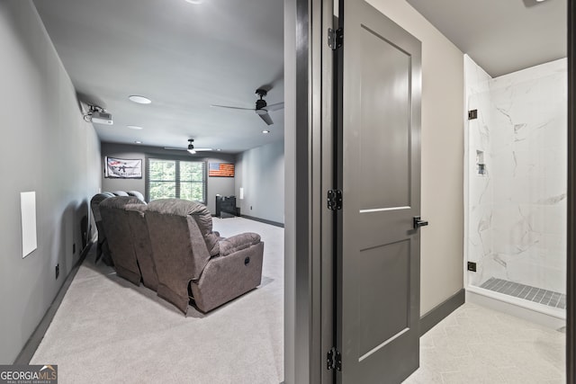 living room featuring recessed lighting, baseboards, light carpet, and ceiling fan