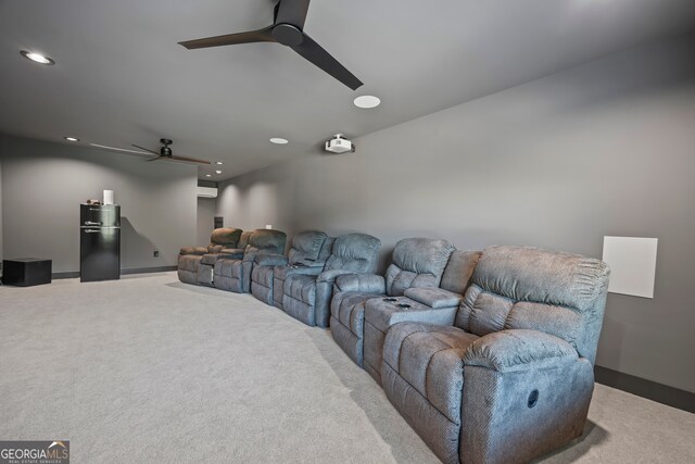carpeted cinema with a ceiling fan, baseboards, and recessed lighting