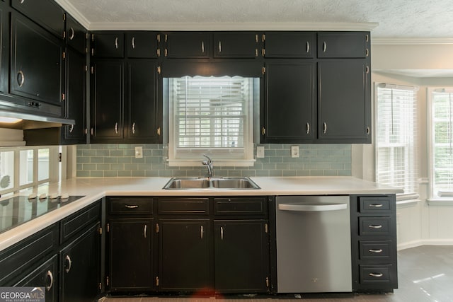 2814 Brackenwood Dr, Snellville, GA 30039 - kitchen with dishwasher, under cabinet range hood, light countertops, decorative backsplash, and a textured ceiling