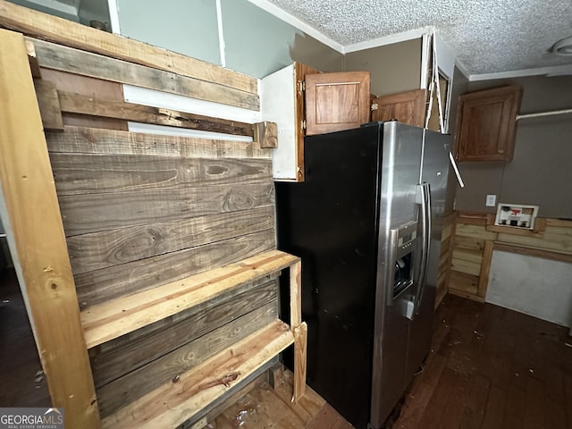 341 Mountain Lake View Dr, Jasper, GA 30143 - kitchen featuring stainless steel fridge with ice dispenser, a textured ceiling, dark wood-style floors, and brown cabinets