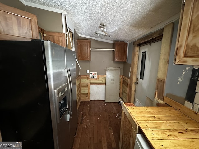 341 Mountain Lake View Dr, Jasper, GA 30143 - kitchen with stainless steel fridge, dark wood finished floors, brown cabinets, a textured ceiling, and crown molding