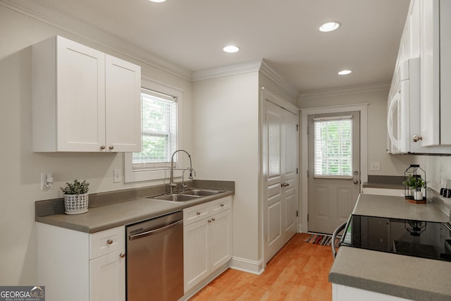 kitchen featuring light wood-type flooring, a wealth of natural light, a sink, and dishwasher