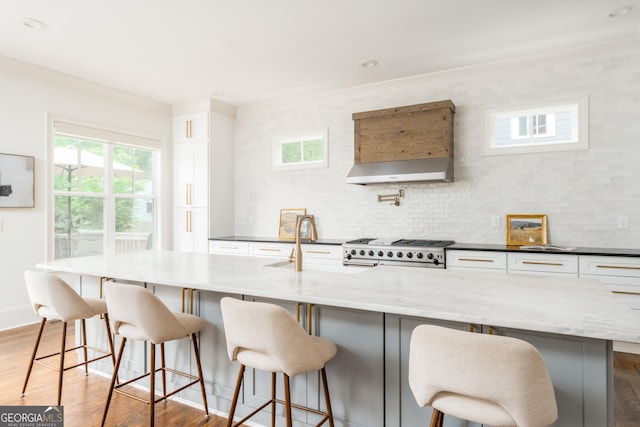kitchen featuring white cabinets, backsplash, range with gas stovetop, and a sink