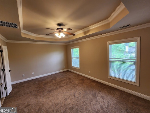 10856 Ellicot Way, Alpharetta, GA 30022 - spare room featuring a raised ceiling, ceiling fan, carpet flooring, ornamental molding, and baseboards