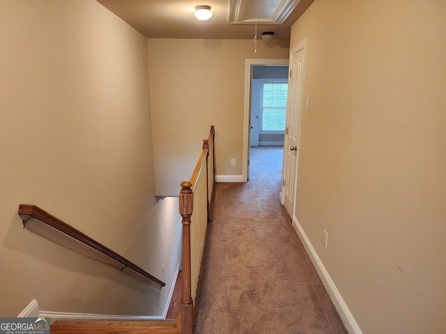 10856 Ellicot Way, Alpharetta, GA 30022 - hallway featuring attic access, an upstairs landing, carpet flooring, and baseboards