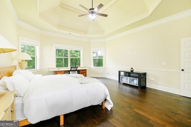 bedroom featuring baseboards, dark wood finished floors, multiple windows, and a raised ceiling