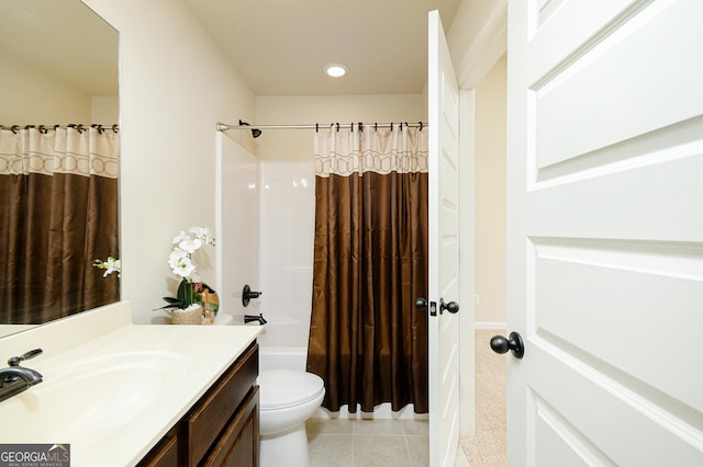 full bathroom with tile patterned flooring, vanity, toilet, shower / bathtub combination with curtain, and recessed lighting