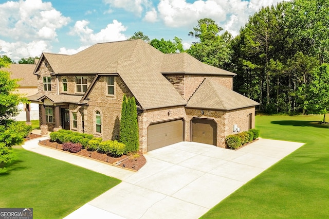 view of front of house with a front yard, a garage, brick siding, concrete driveway, and a shingled roof