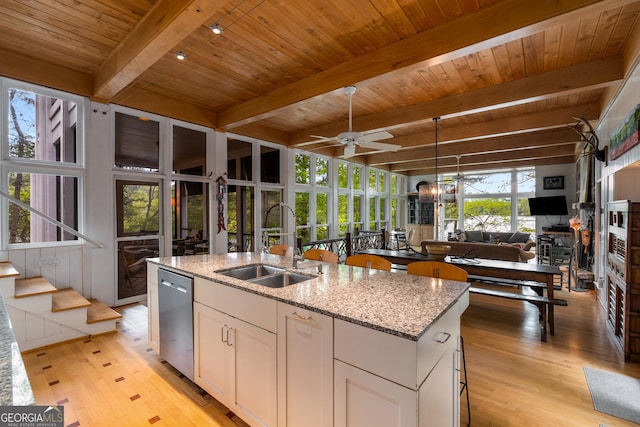1006 Perrin Cove Rd, Tiger, GA 30576 - kitchen with dishwasher, a wooden ceiling with exposed beams, ceiling fan, open floor plan, and light wood-type flooring