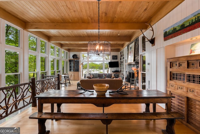 1006 Perrin Cove Rd, Tiger, GA 30576 - dining area featuring a chandelier, light wood-style floors, and a wood ceiling with exposed beams